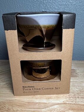 Cost Plus World Market Brown and Blue/Gray Ceramic Pour Over Coffee Set
